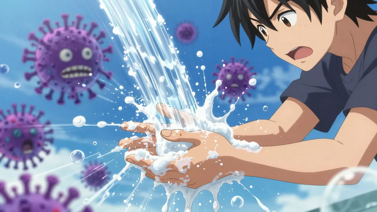 Anime character washing hands with soap and water to wash away menacing virus monsters.