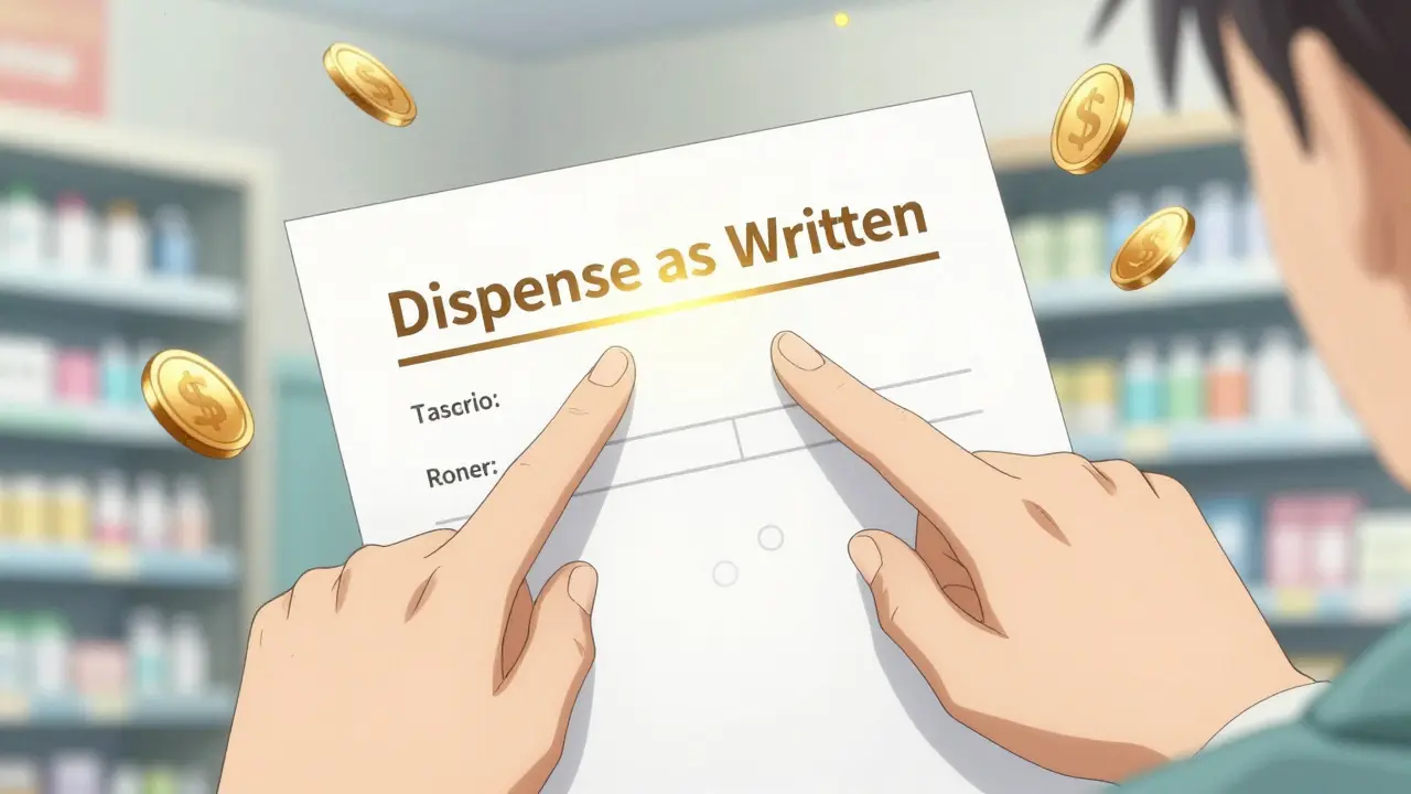 Anime close-up of a prescription with Dispense as Written highlighted in gold