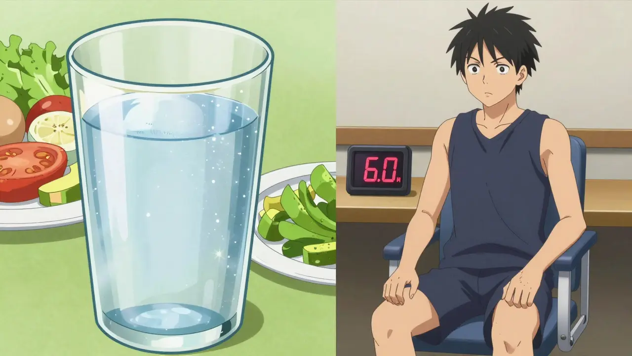 Anime scene showing a glass of water, food, and a person sitting upright with a timer