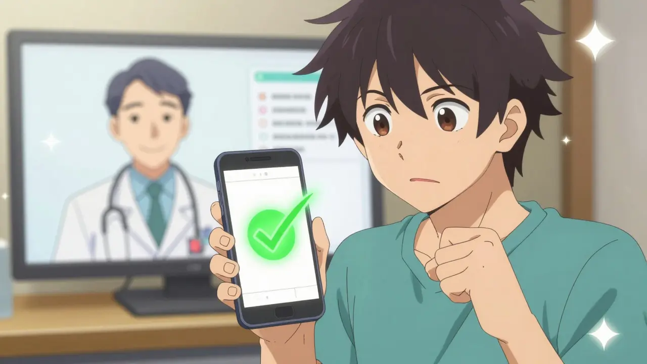 Character successfully verifying a medical prescription on a phone in anime style