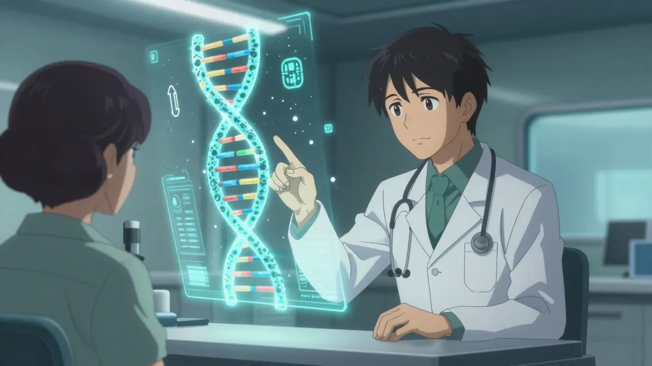 Futuristic anime clinic with holographic DNA and genetic markers for personalized medicine