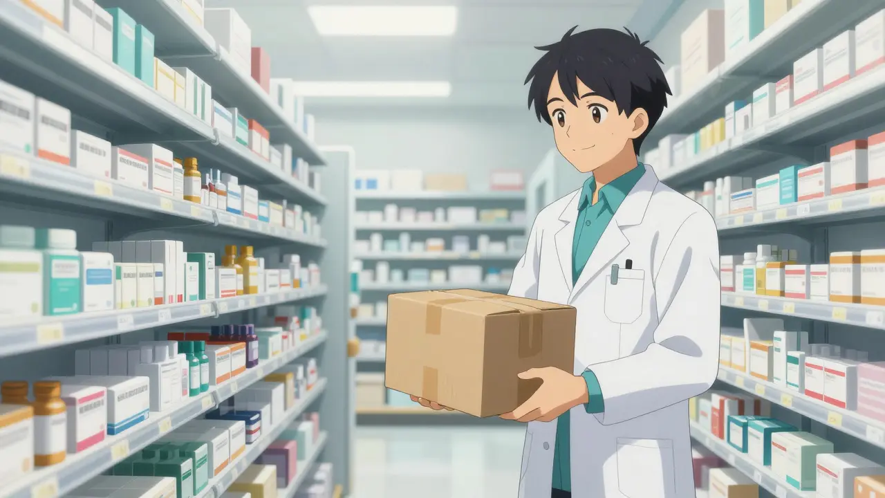 Professional pharmacist in a bright, modern warehouse preparing a medication shipment