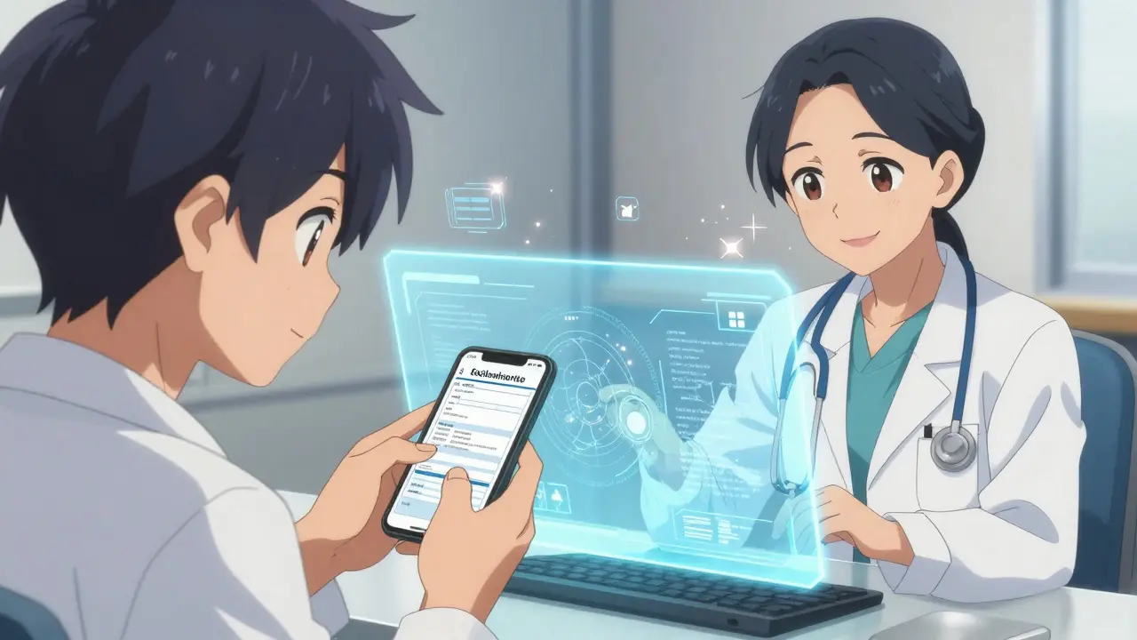 Split-screen anime showing a patient using a phone and a doctor on a digital screen