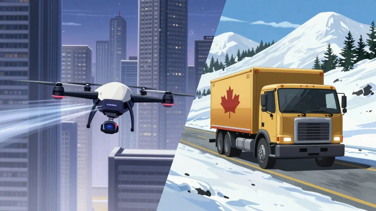 Split screen comparing US delivery speed and Canadian cost in anime style