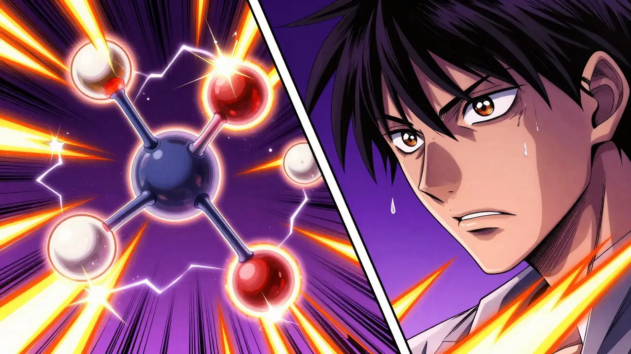 Stylized anime depiction of complex drug molecules and a tense character face