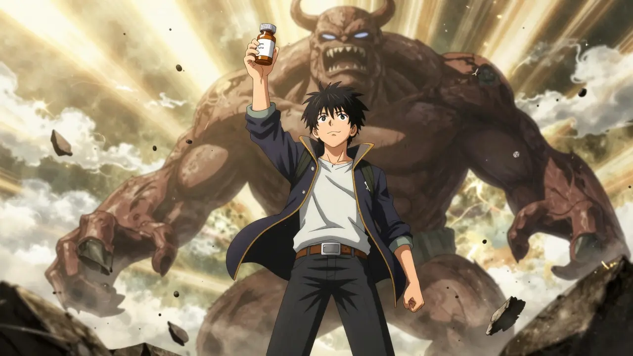 Triumphant anime character holding a generic medicine bottle over a defeated price monster