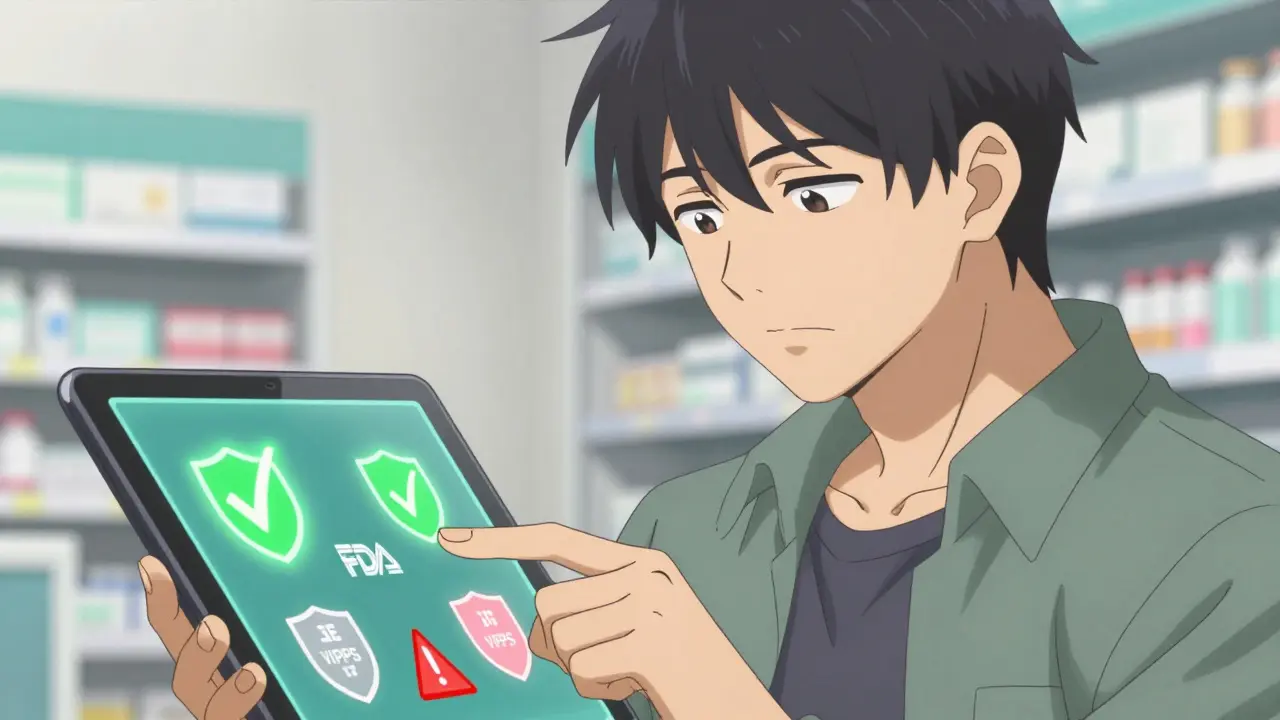 Anime character verifying online pharmacy safety with glowing shield icons.