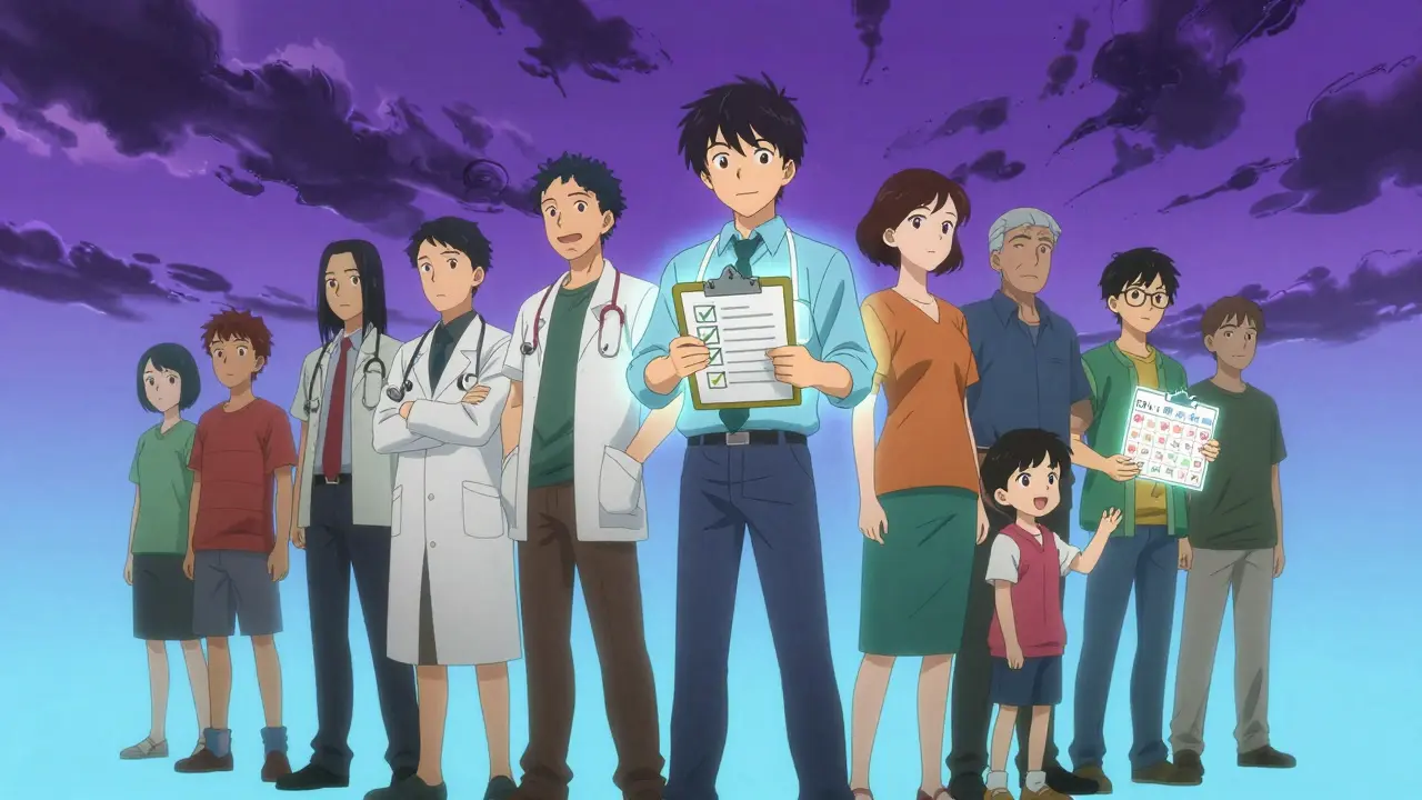 Anime characters representing diverse patients achieving health literacy goals.