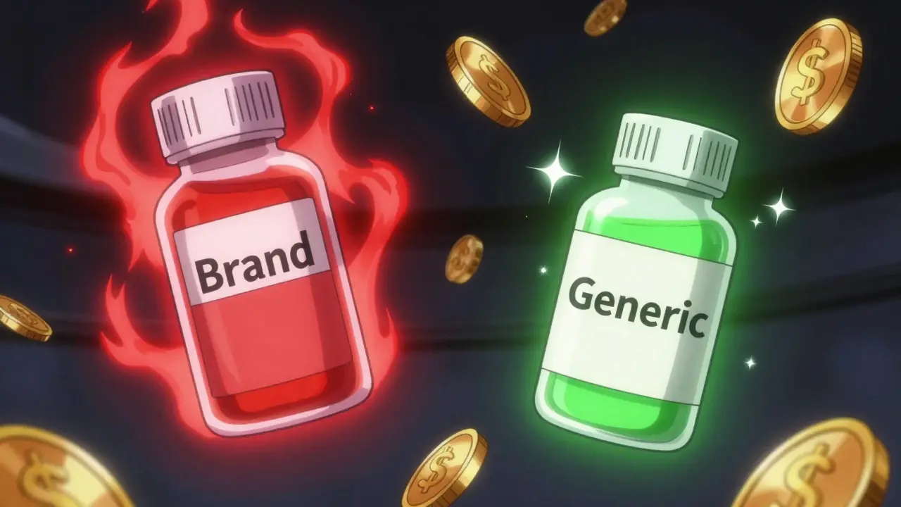 Anime comparison of brand vs generic medicine bottles
