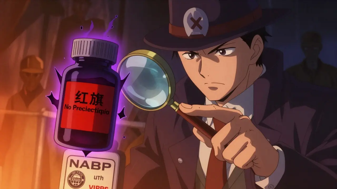 Anime detective inspecting fake pills with warning signs