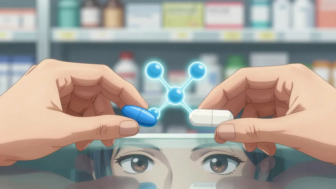 Anime hands comparing brand and generic pills with glowing science graphic
