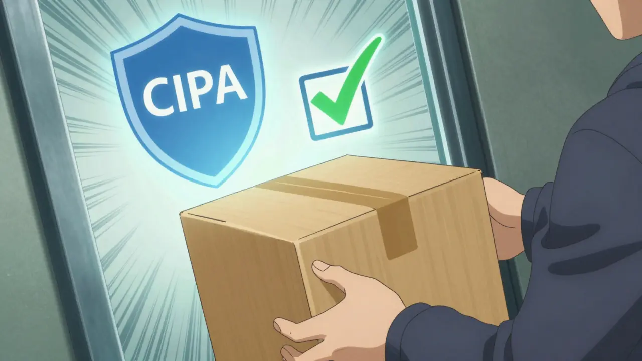 Delivery package arriving with symbols of safety and certification.