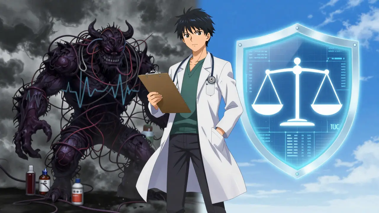Doctor balancing cardiac risks and psychiatric treatment in anime style