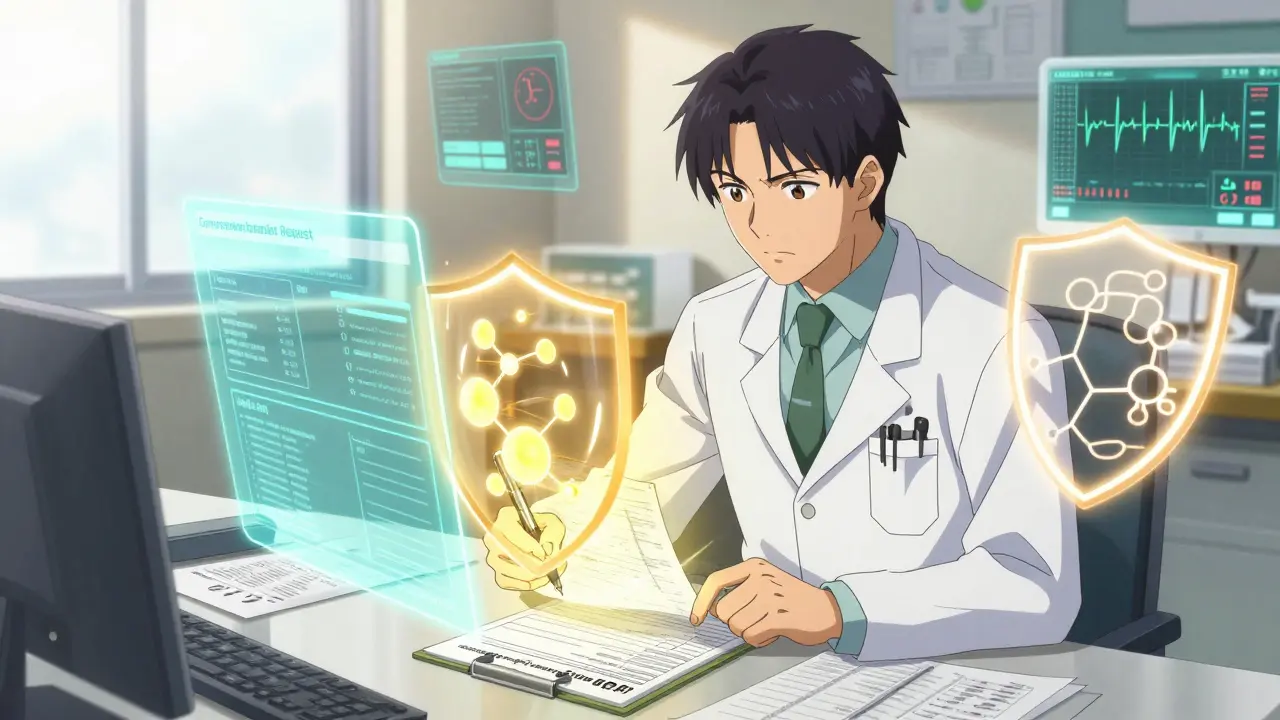 Doctor preparing detailed medical appeal documents in anime style