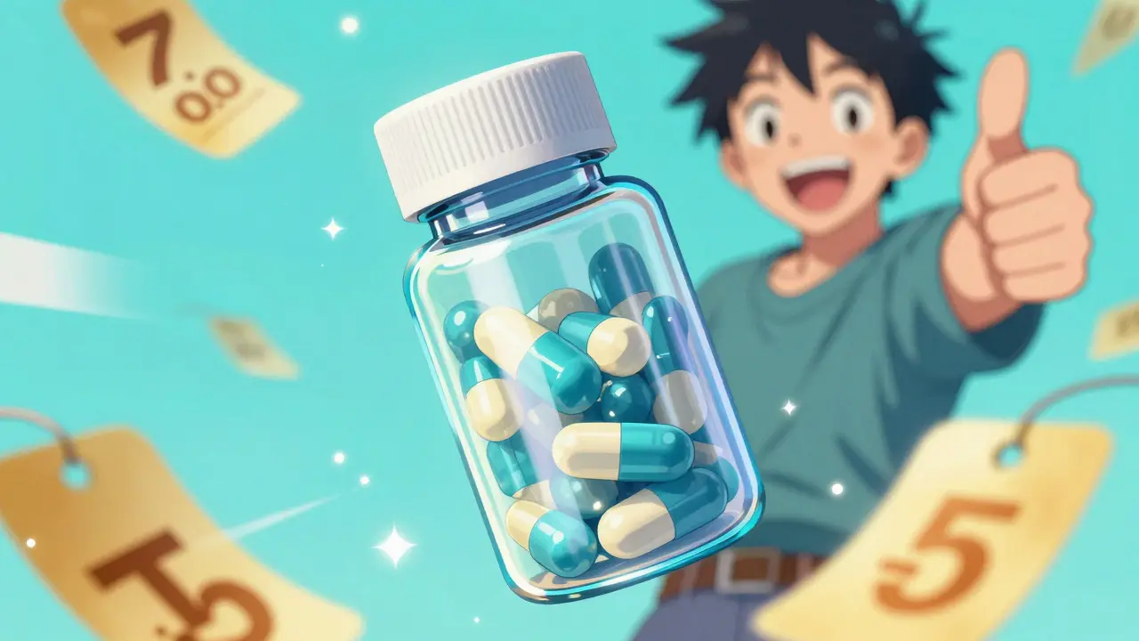 Floating medication bottle with discount symbols in vibrant anime style.