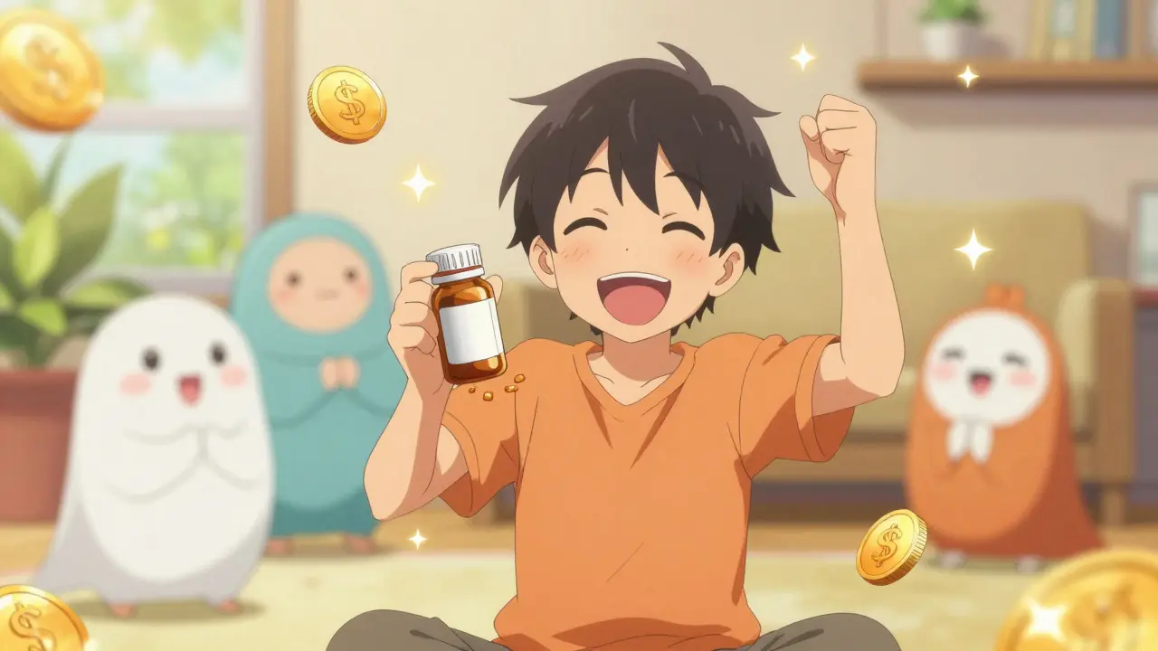 Happy anime character holding affordable medication with sparkles of savings.