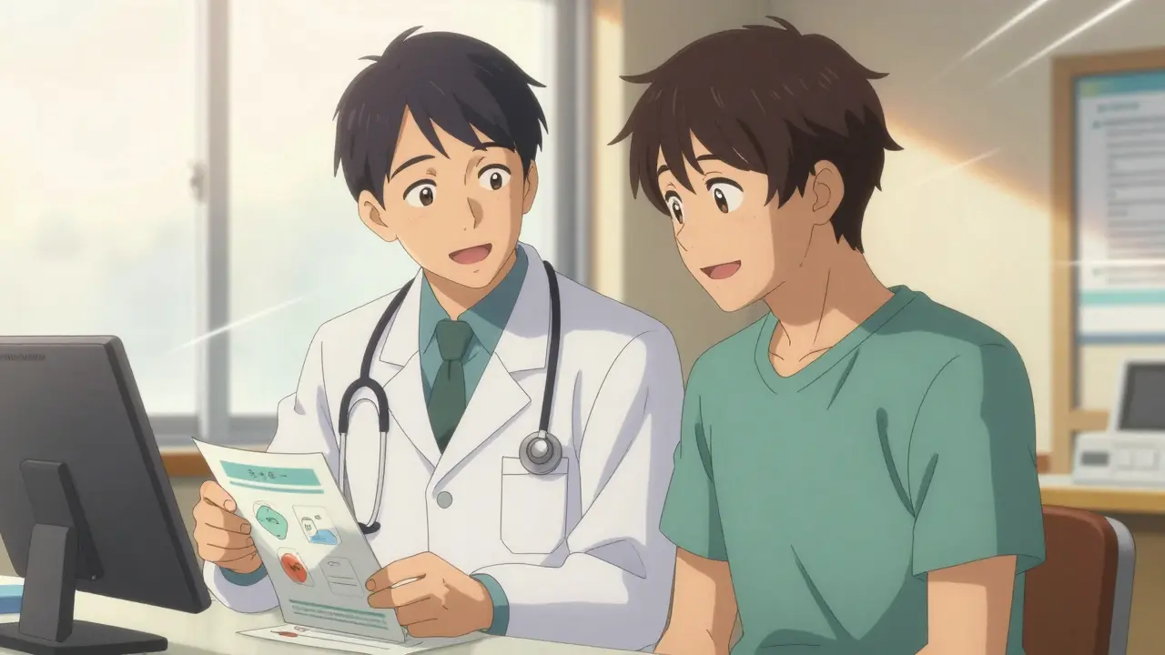Happy anime pharmacist and patient after resolving generic medication concerns