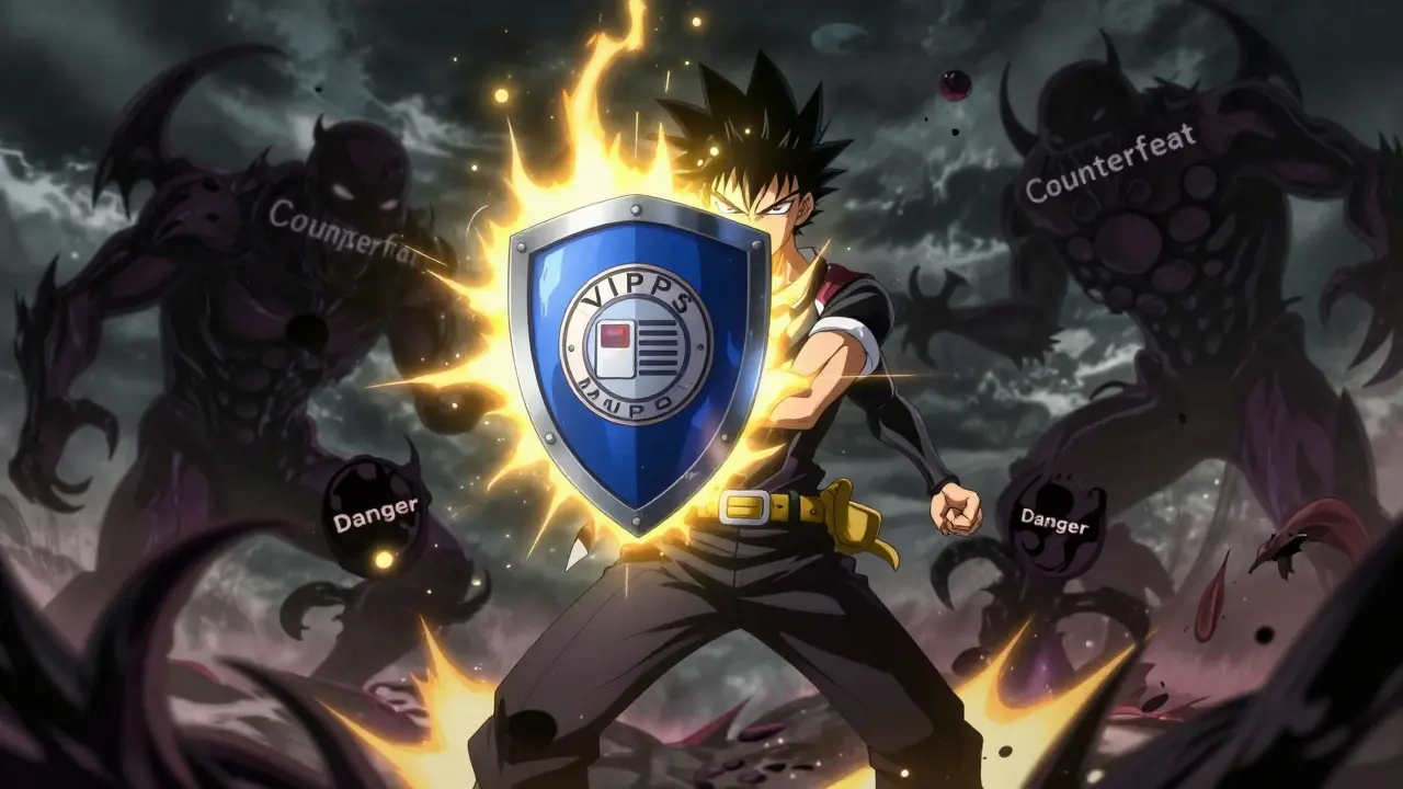 Heroic figure protecting against counterfeit drug threats in shounen art.