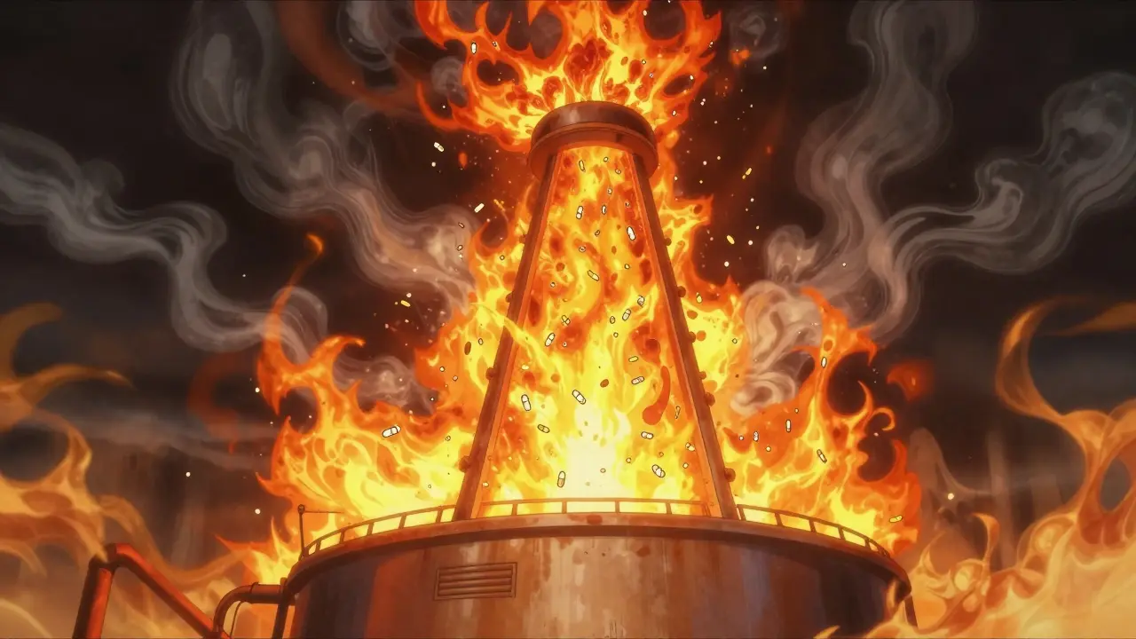 Industrial incinerator destroying controlled substances in anime style