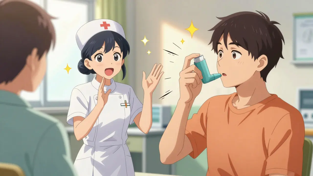 Manga-style nurse helping a patient successfully demonstrate using an inhaler.