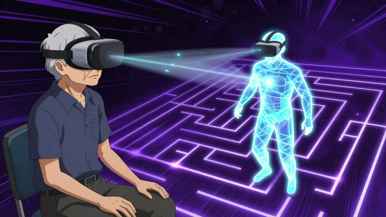 Patient taking VR cognitive test with abstract digital avatar