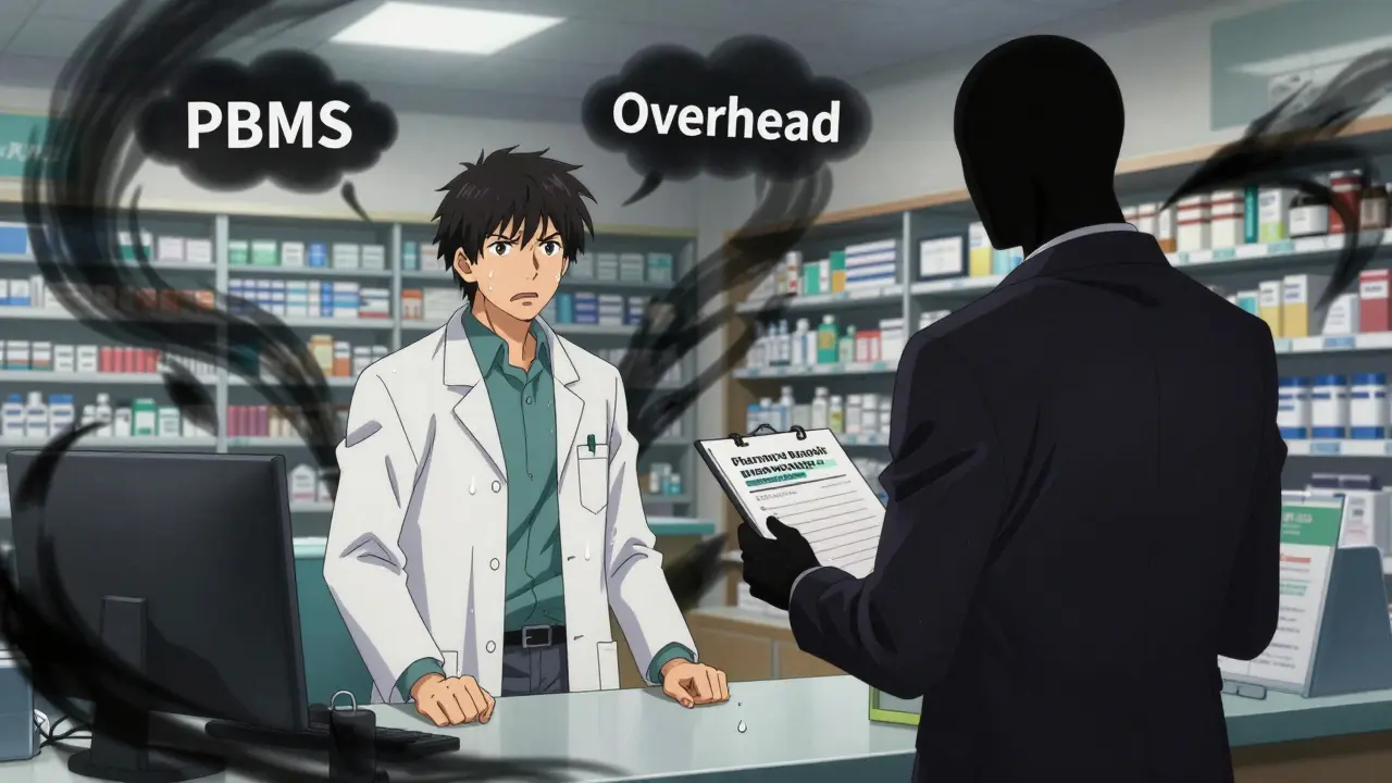 Stressed independent pharmacist facing shadowy PBM entity in anime style