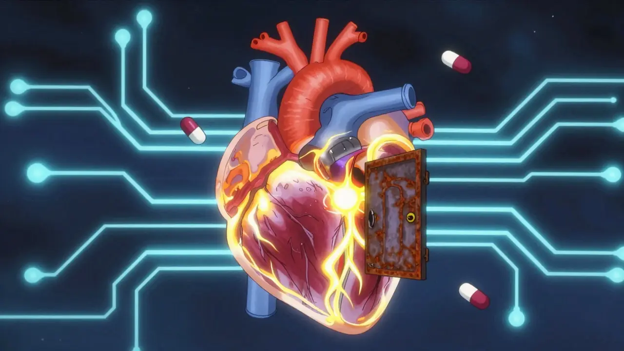 Stylized heart with blocked channels showing QT prolongation mechanism