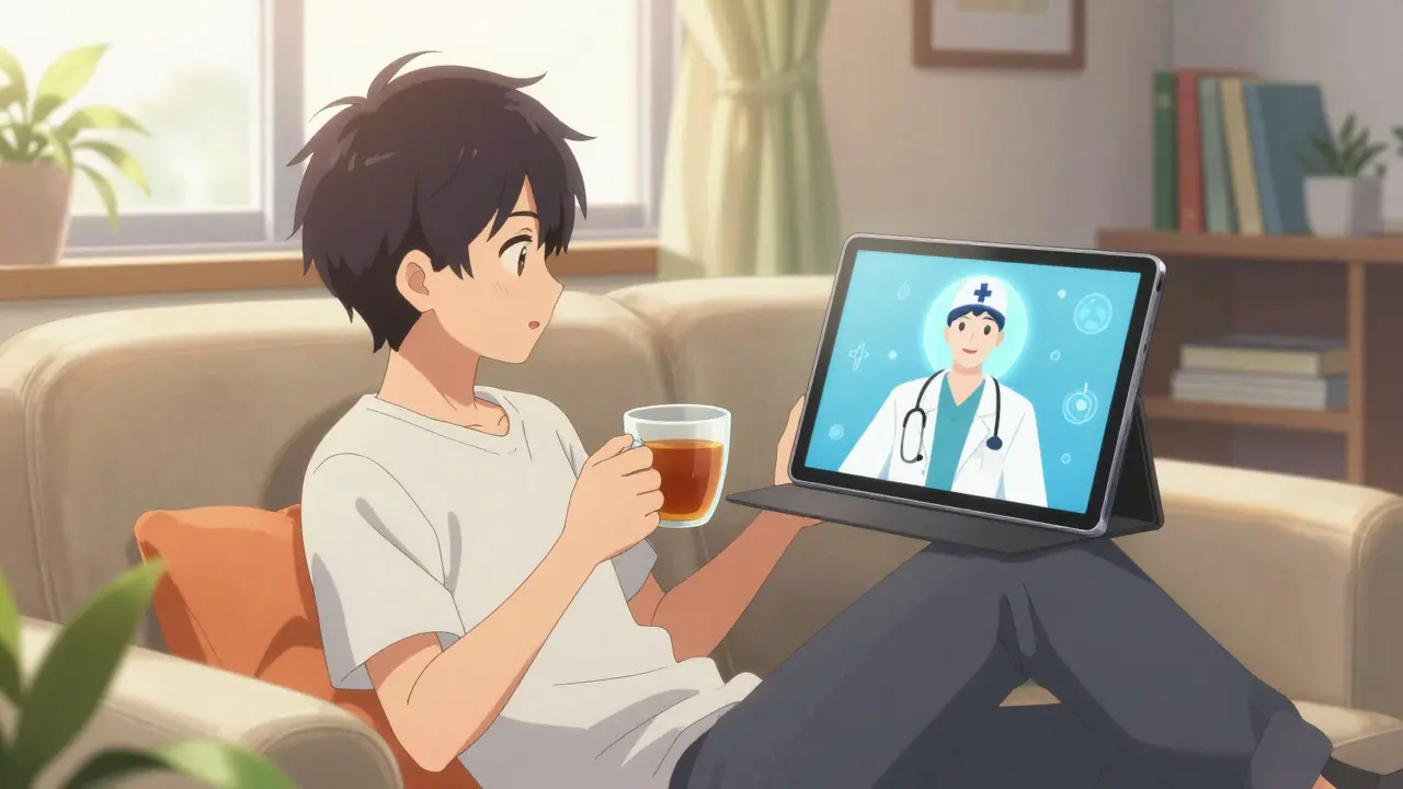 Young adult having a reassuring telehealth video consultation at home.