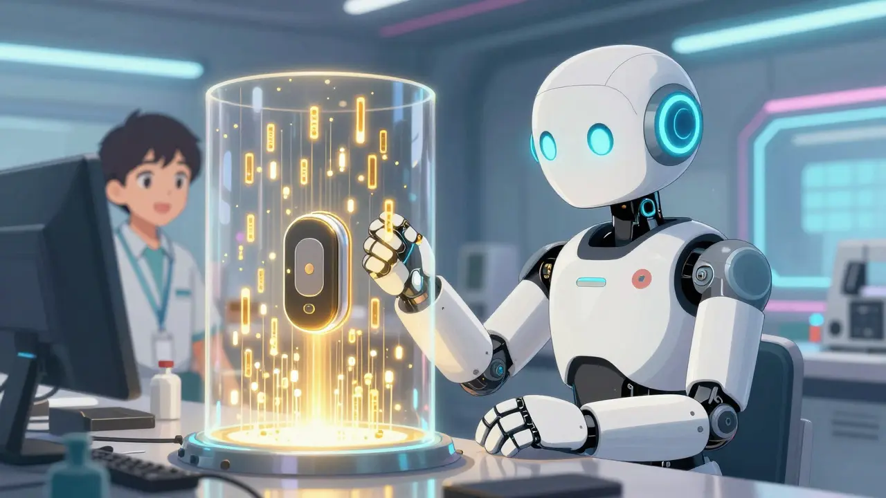 AI robot and technician collaborating on quality control