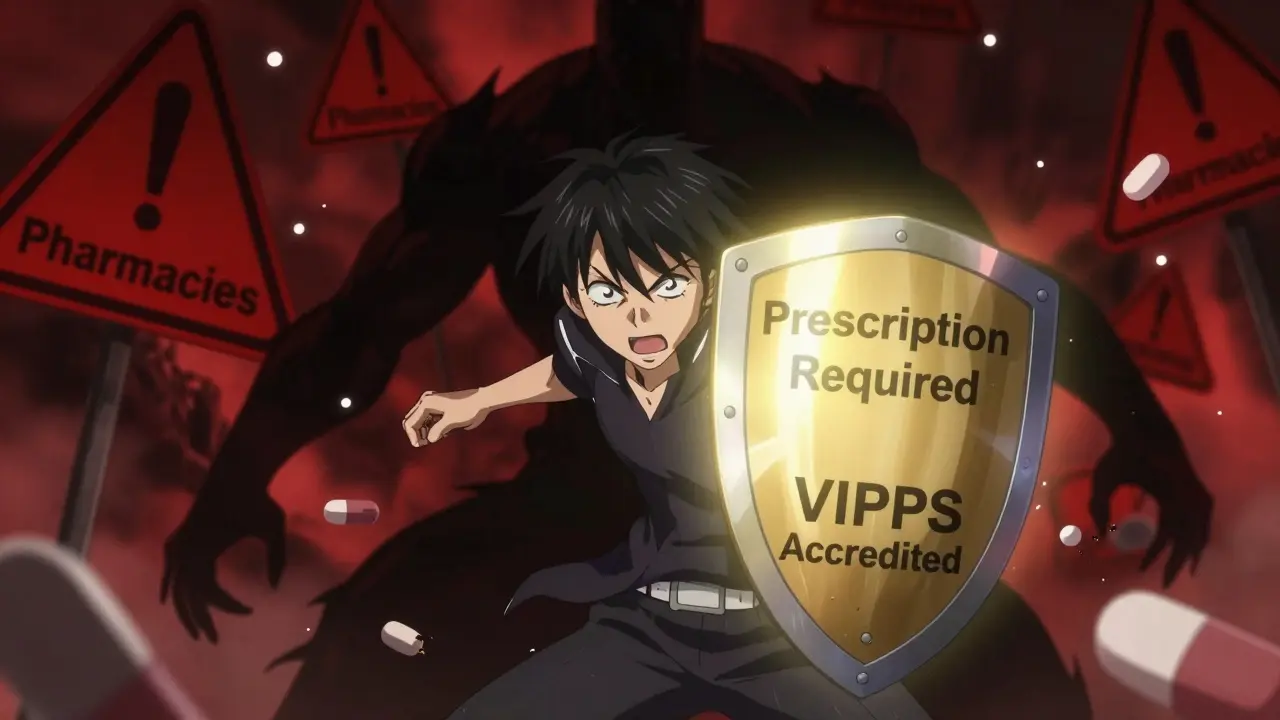 Anime character blocking fake pharmacy threats with shield