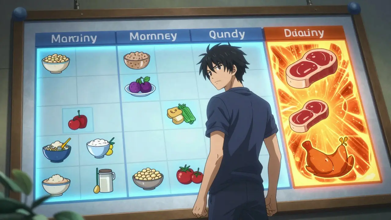 Anime character planning protein redistribution diet strategy