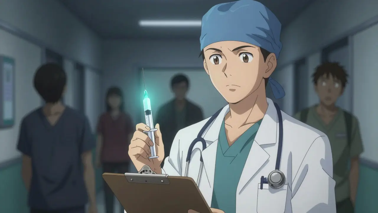 Anime doctor holding glowing medication in hospital corridor, ready to treat psychosis