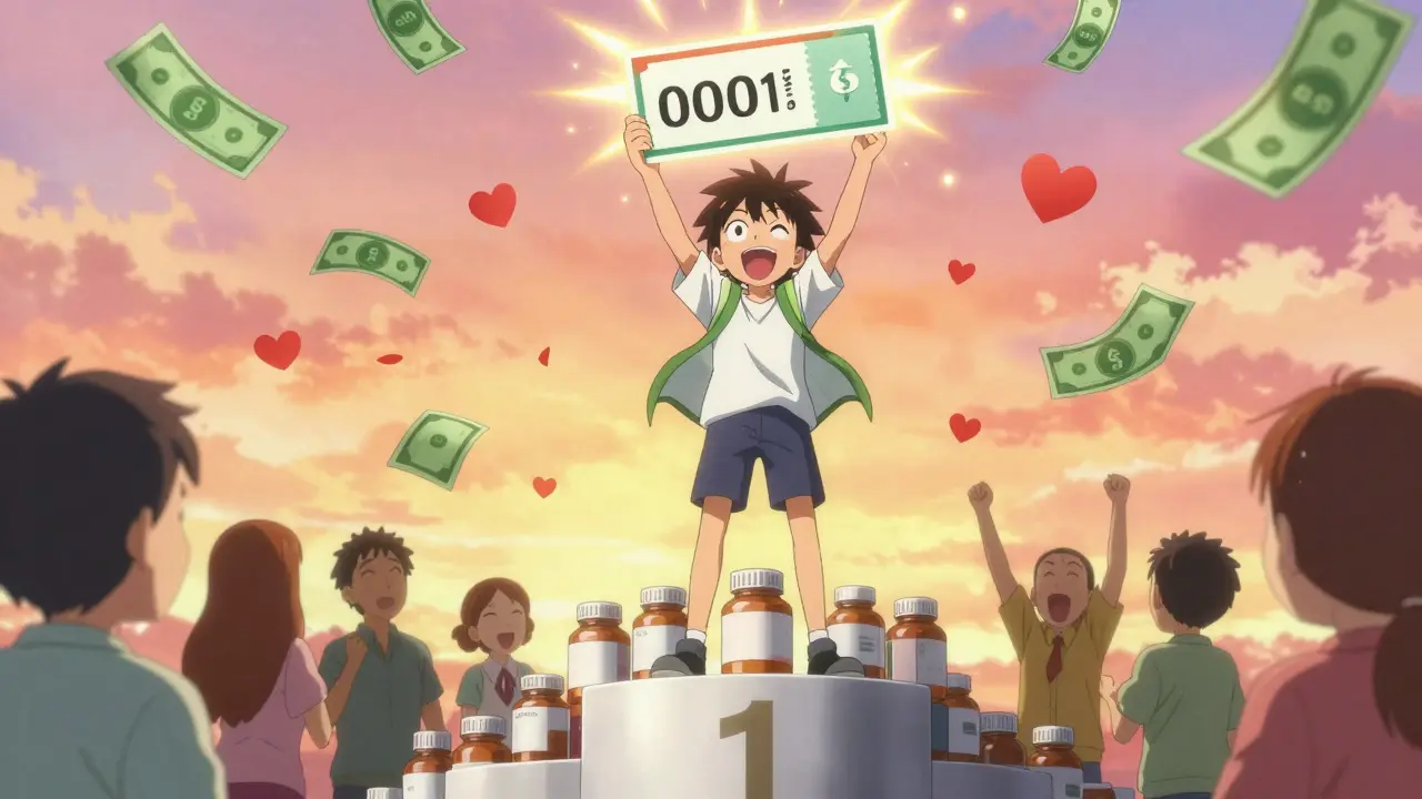 Anime hero celebrating savings with coupons and pills