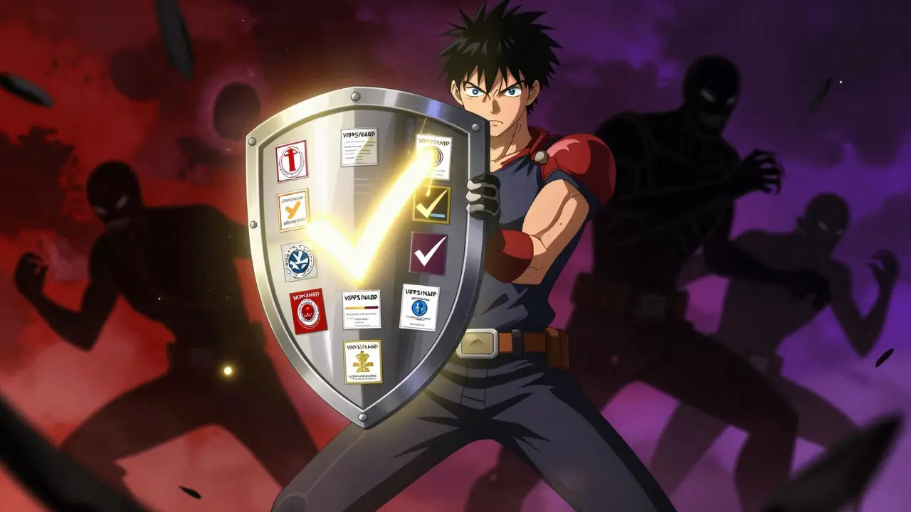 Anime hero protecting themselves with a shield of verified pharmacy safety certifications.