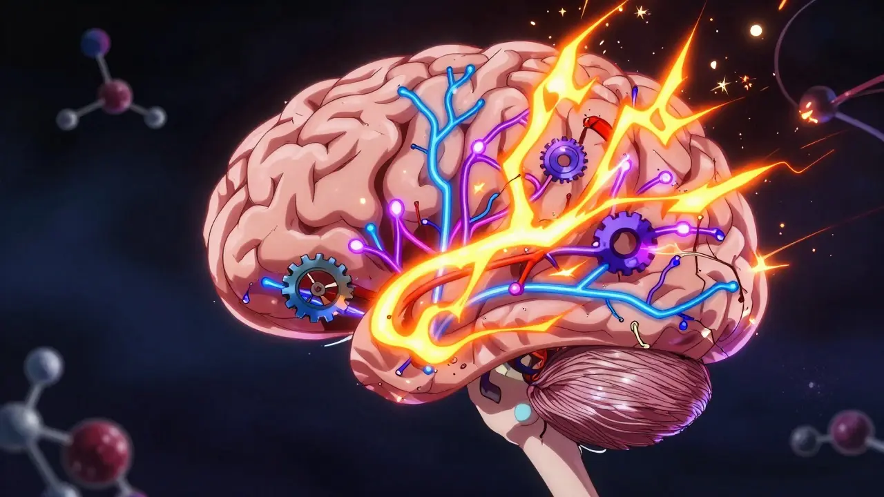 Anime illustration of brain circuits overwhelmed by orange energy surges representing steroids
