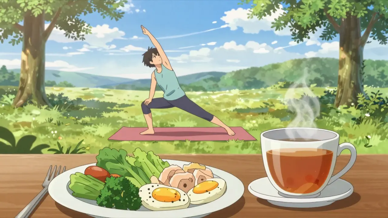 Character doing yoga and eating healthy food outdoors
