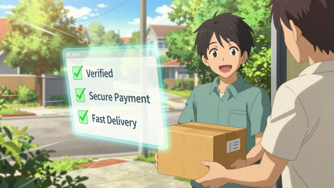 Happy anime character receiving secure medication delivery