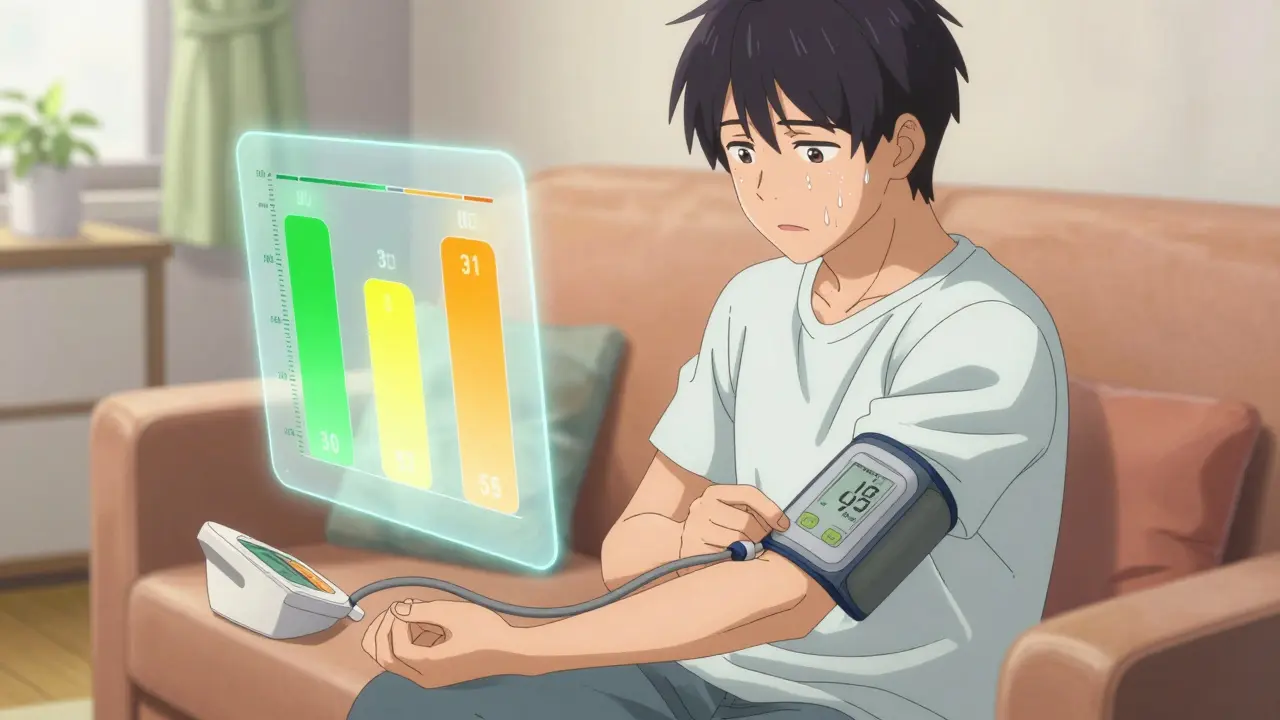 Person checking blood pressure with floating health gauge