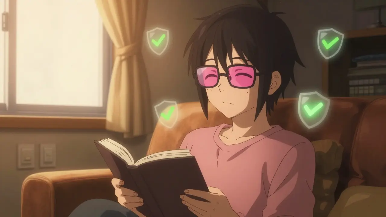 Person wearing rose-tinted glasses in a dimly lit, safe room