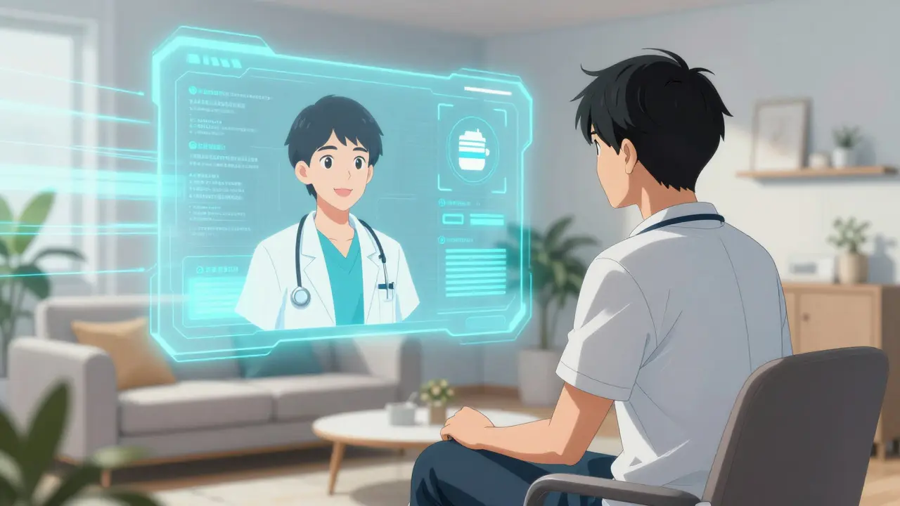 Shounen anime scene of a patient having a secure online telehealth video consultation.