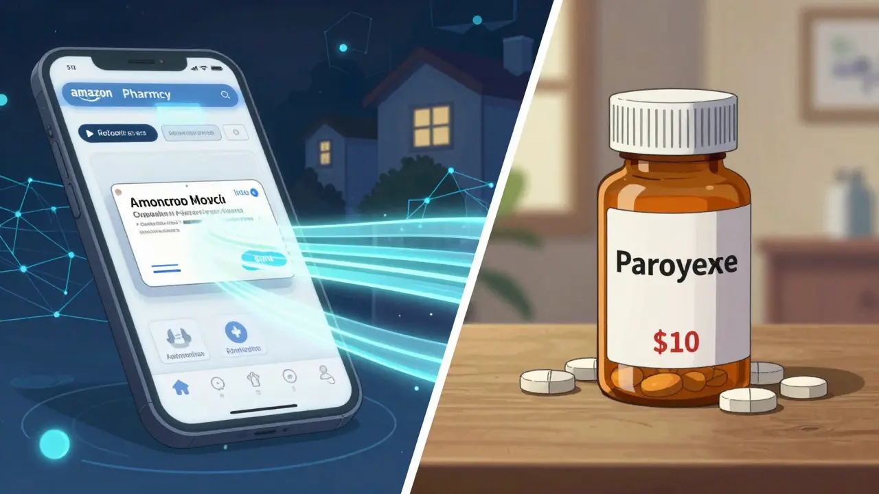 Shounen art comparing online pharmacy options and costs