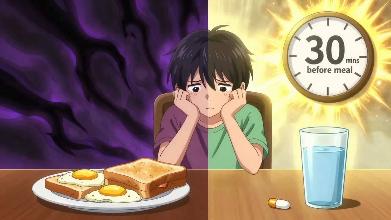 Split screen showing bad vs good medication timing with food