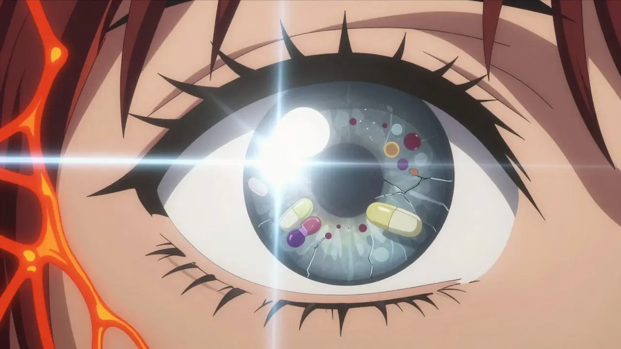 Stylized anime eye showing medication effects and light scattering