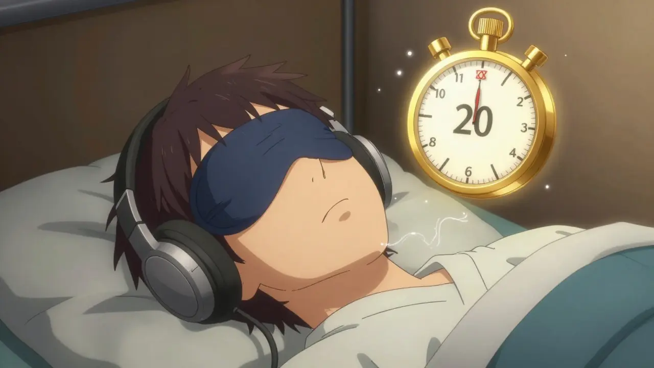 Worker resting in a quiet nap room with a timer showing 20 minutes left