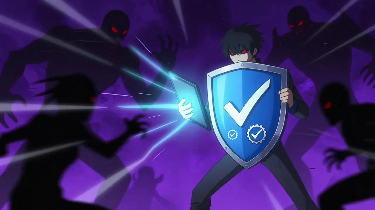 Anime character defending against fake drug monsters with a shield