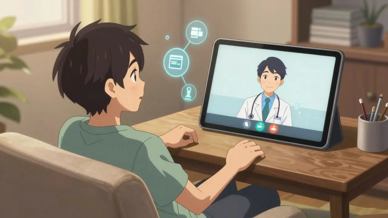 Anime character having a telemedicine video call from home sofa