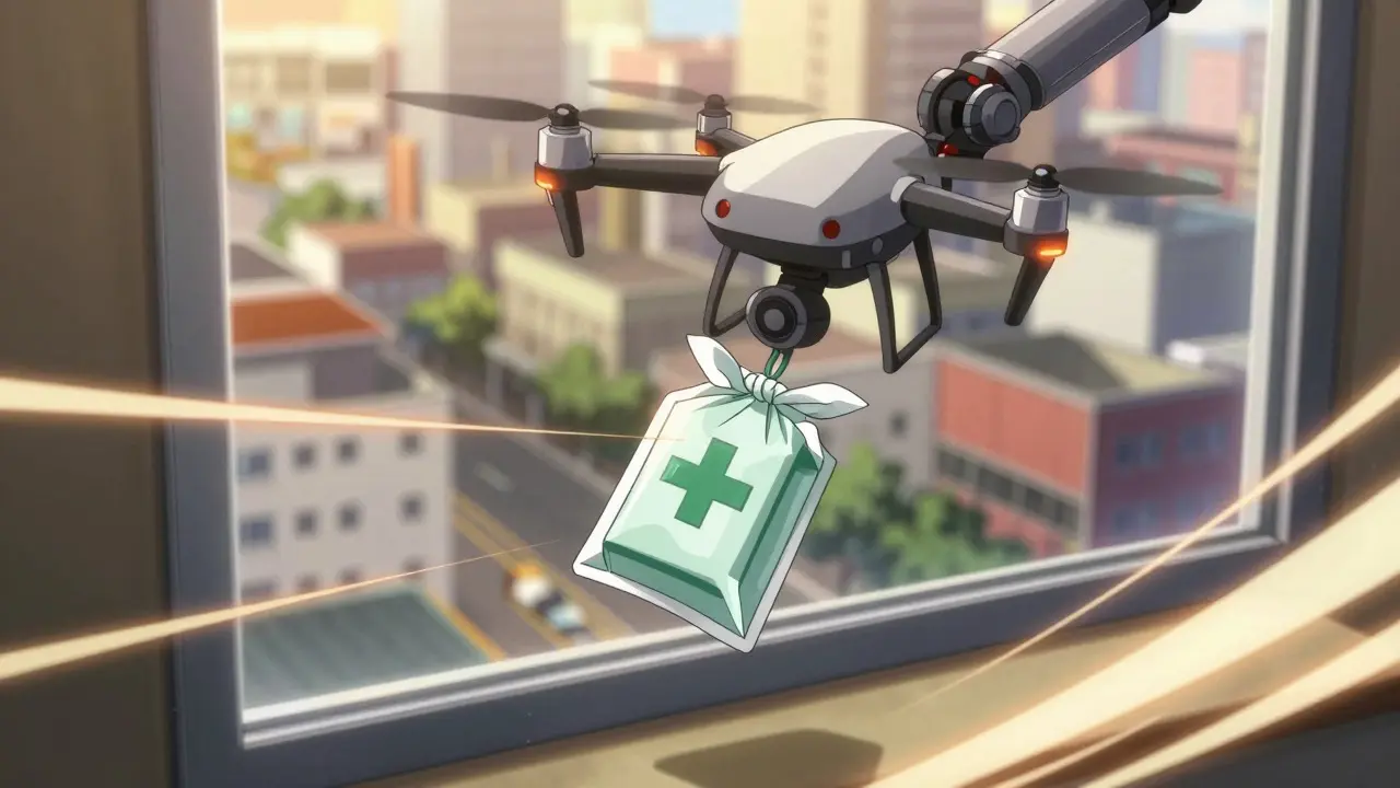 Anime delivery drone dropping off a medicine package outside a window