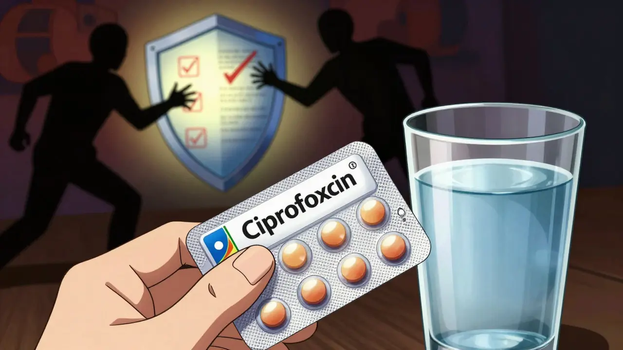 Anime hand holding pills with shield blocking fake drug shadows
