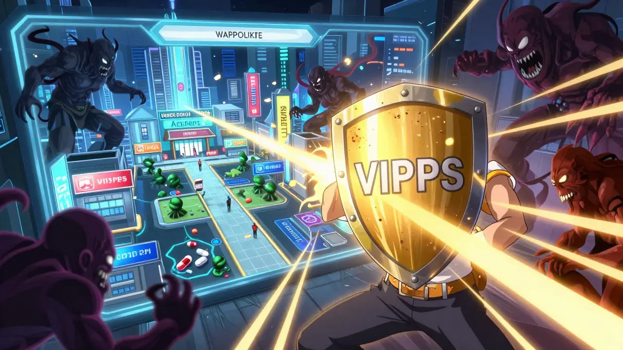 Anime hero blocking scam threats with a VIPPS safety shield in a digital world