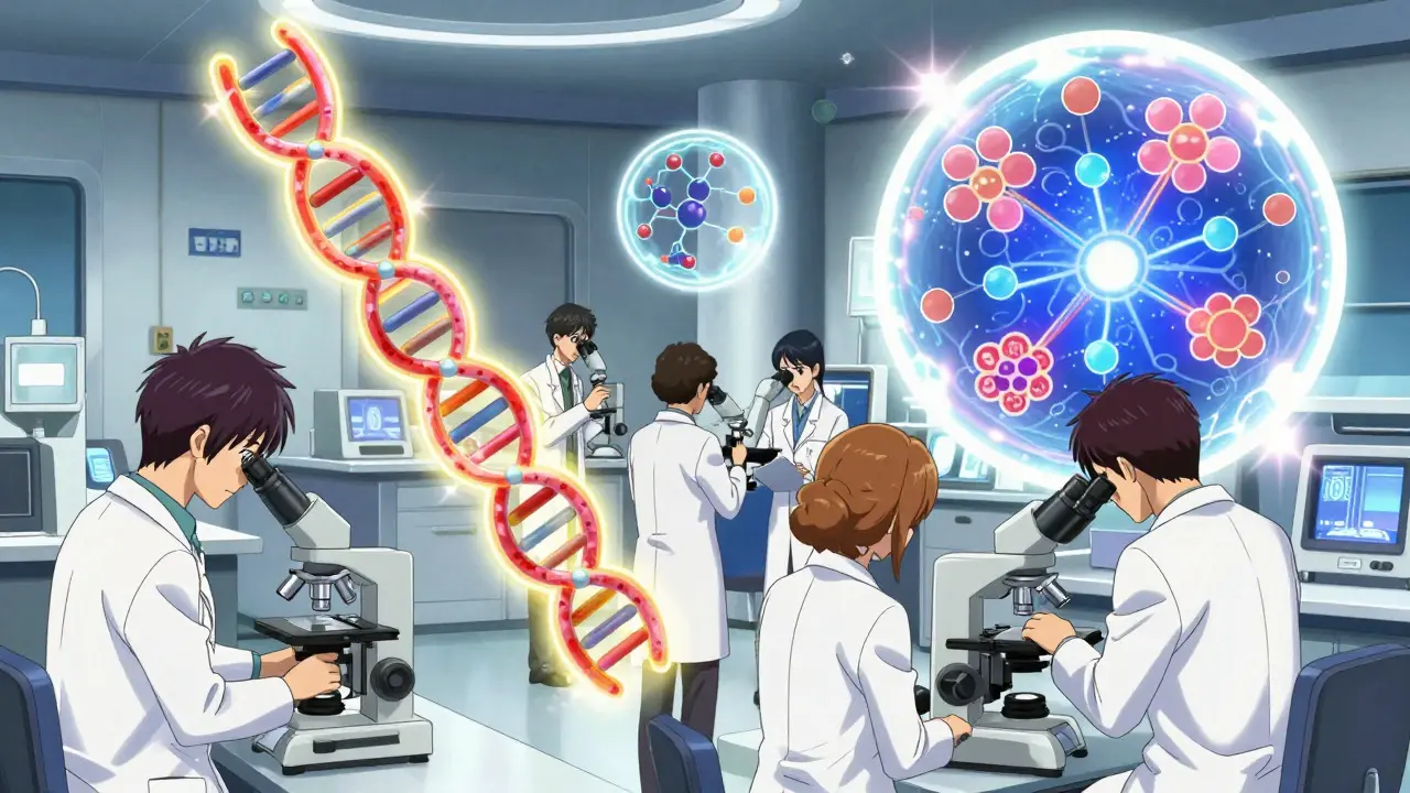 Anime scientists analyzing glowing molecular cancer pathways